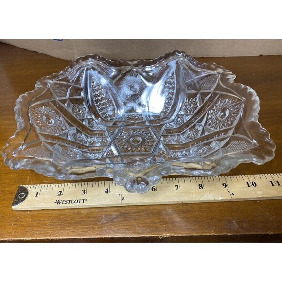 Vtg Pressed Glass Serving Bowl Scalloped Edge Hobstars Pineapple - Picture 7 of 14
